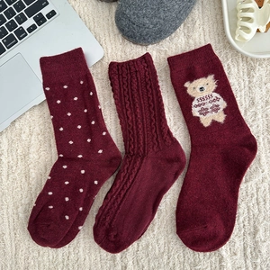 Three-pack wine red thick wool socks with polka dots, cable knit, and bear embroidery