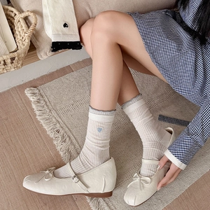 Close-up of ballet style socks with blue heart embroidery and white Mary Jane shoes