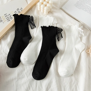 Lolita Mid Calf Socks Cotton Ribbed Knit Ruffle Hem Bow Decoration Japanese JK Uniform Preppy Style Sweet Girls