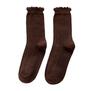 Japanese style dark brown cable knit crew socks with elegant lace trim for women