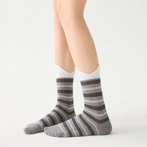 Detailed view of striped crew socks featuring cute white cat-ear cuffs for women
