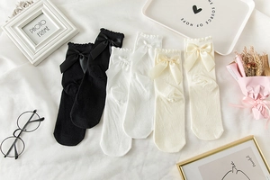 Détails de chaussettes JK Lolita à plat avec nœuds en satin et poignets en dentelle