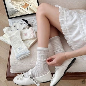 Japanese style Lolita socks with ribbon embroidery and delicate ruffled cuffs