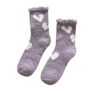 Thick purple coral fleece socks with white heart patterns for winter warmth and comfort