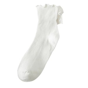 White Lolita JK uniform crew socks with ruffled edges and sheer mesh bow detail