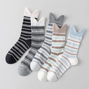 Striped Mid Tube Socks Cotton Breathable Japanese Style Cat Ear Cuff Preppy College Casual Hosiery For Women