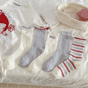 Chaussettes Mi-Mollet Femmes Coton Côtes Bord Volanté Broderie Nœud Style Japonais Écolière Douce Respirant