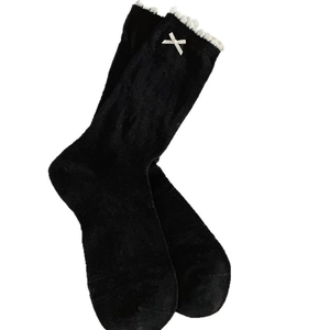 Black Japanese style lace trim socks with white cross embroidery for women