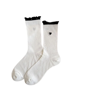 White ballet style cotton socks with heart embroidery and black frill trim details