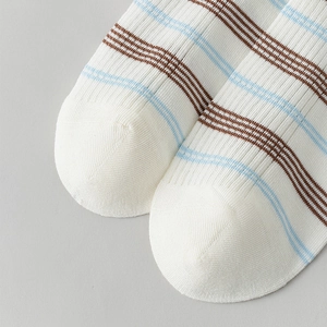 Detailed macro view of reinforced toe area on striped rib-knit cotton socks