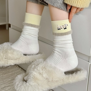 Polka dot puppy socks with embroidery, faux fur trim and yellow plush patchwork