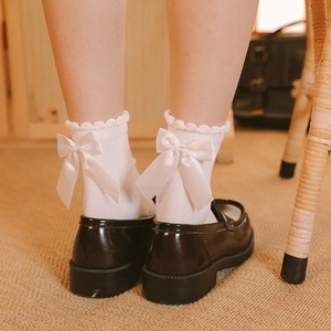 Chaussettes Mi-Mollet Pour Femmes Coton Avec Nœud En Satin Bord À Volants Doux Style Lolita Kawaii JK Mode Tricotées