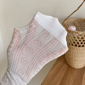 Close-up of white mesh socks showing floral lace patterns and high elasticity