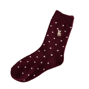 Thick wool blend red socks with white polka dots and reindeer embroidery for winter