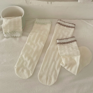 Detail of white ribbed crew socks featuring vintage contrast crochet lace trim and soft cotton