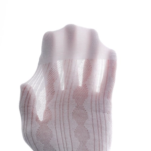 Detail of light pink pointelle knit mesh socks showing breathable hollow patterns