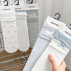 Women Sweet Mid Calf Socks Cotton Blend Korean INS Style Bow Tie Lace Lettuce Edge Pointelle Knit Patterned