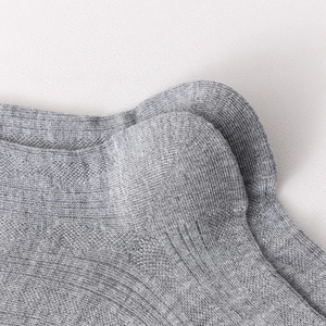 Detailed macro view of the grey ribbed knit fabric and heel stitching on a mid-calf sock