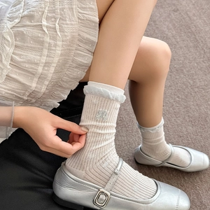 Japanese style cream white lace socks with blue ruffles and bow embroidery detail