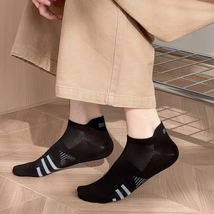 Men's breathable black mesh no-show socks with striped accents for athletic wear
