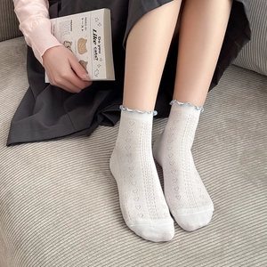 Japanese style white ankle socks with heart mesh pattern and light blue ruffle trim detail