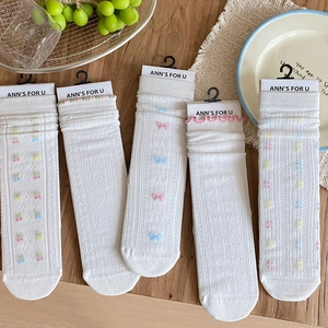 Women Sweet Mesh Socks Bowknot Breathable Mid Calf JK Style Cute Hollow Knit White Ruffled Edge