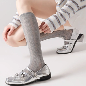Retro grey calf-high socks with diamond knit pattern and stripe texture for women