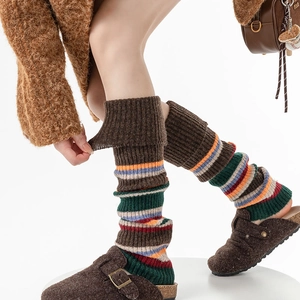 Retro striped knit leg warmers in bohemian style for autumn and winter leg protection