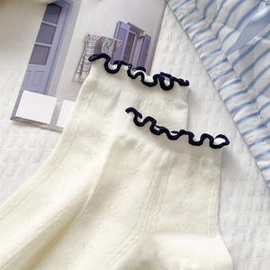 Detail of white cotton ankle socks with navy ruffled edges and heart mesh patterns