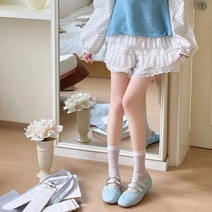 Sweet light blue Mary Jane shoes with mesh socks and white lace trim detail
