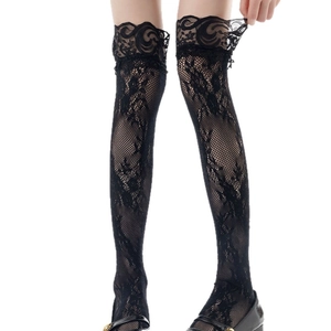Elegant black lace over-the-knee socks featuring floral mesh patterns and non-slip cuffs