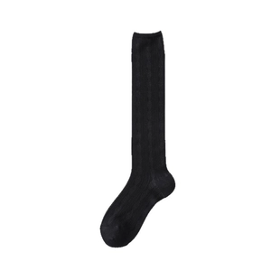Retro black knee-high socks with cable knit texture for a slim Japanese JK look