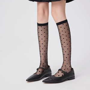 Black polka dot sheer mid-calf socks styled with Mary Jane shoes for a retro look
