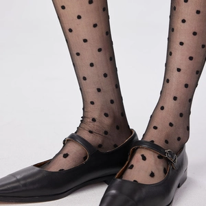 Vintage black polka dot sheer knee-high socks paired with black Mary Jane shoes