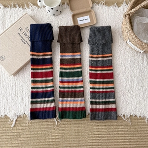 Retro Striped Polyester Knit Leg Warmers Ribbed Cuffed Slouch Socks Warm Winter Long Stockings Vintage Japanese Style Women