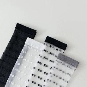 Close-up of sheer mesh polka dot knee-high socks in black, white, and grey variants