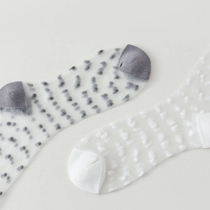 Detailed close-up of semi-transparent polka dot glass silk calf socks with reinforced toes