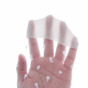 Close-up of white sheer mesh socks with heart patterns showing stretch and texture