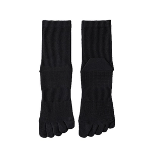 Men's cotton five-toe mid-calf socks in solid black for breathable athletic performance