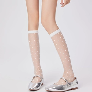 Breathable white polka dot sheer knee-high socks paired with silver Mary Jane shoes