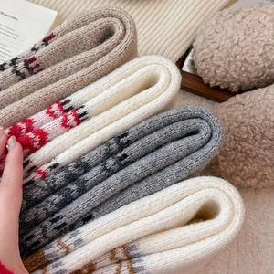 Detailed macro view of thick knitted leg warmers with vintage patterns and soft textures