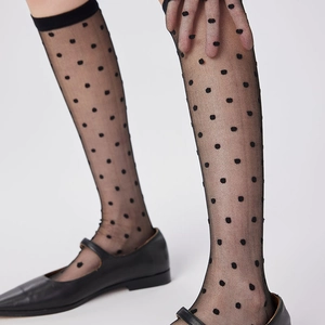 Close-up of black polka dot sheer knee-high socks with stylish Mary Jane shoes