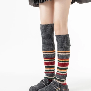 Detailed knit texture of vintage grey leg warmers with colorful striped pattern