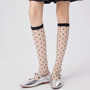 Detail of sheer polka dot knee-high socks with black cuffs and breathable mesh texture