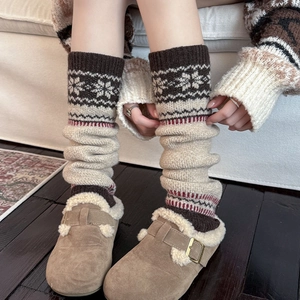 Japanese style vintage knit leg warmers with snowflake pattern and colorful stripes