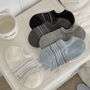 Macro detail of breathable striped invisible socks in five colors on a tray