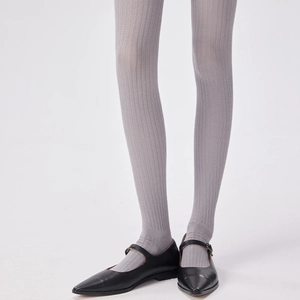 Close-up of light gray vertical ribbed knit knee-high socks with black Mary Jane shoes