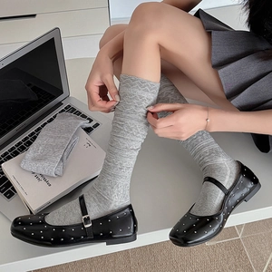 Gray knitted knee-high socks with geometric wave texture and Japanese JK style