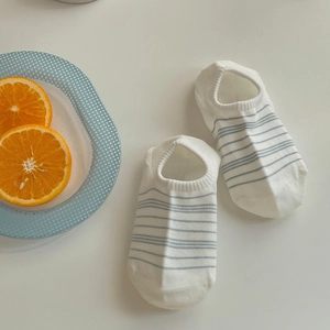 Detail of white striped no-show socks with ribbed cuffs and blue nautical pattern