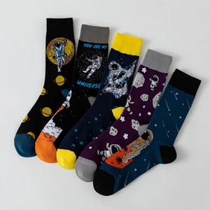 5-pack astronaut space themed cotton crew socks with vibrant cosmic patterns for men